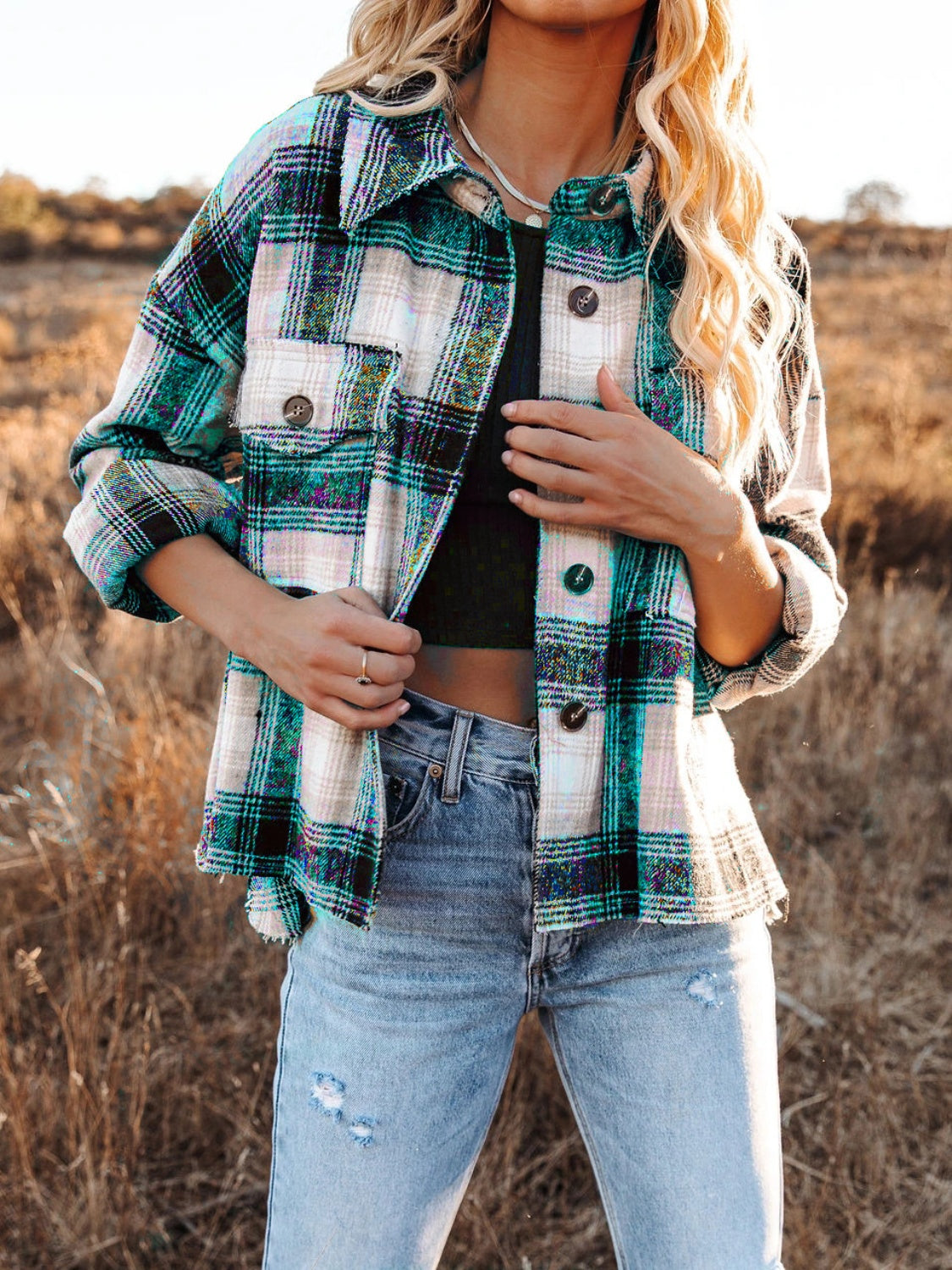 Pocketed Plaid Button Down Long Sleeve Shacket - Charming Charlie