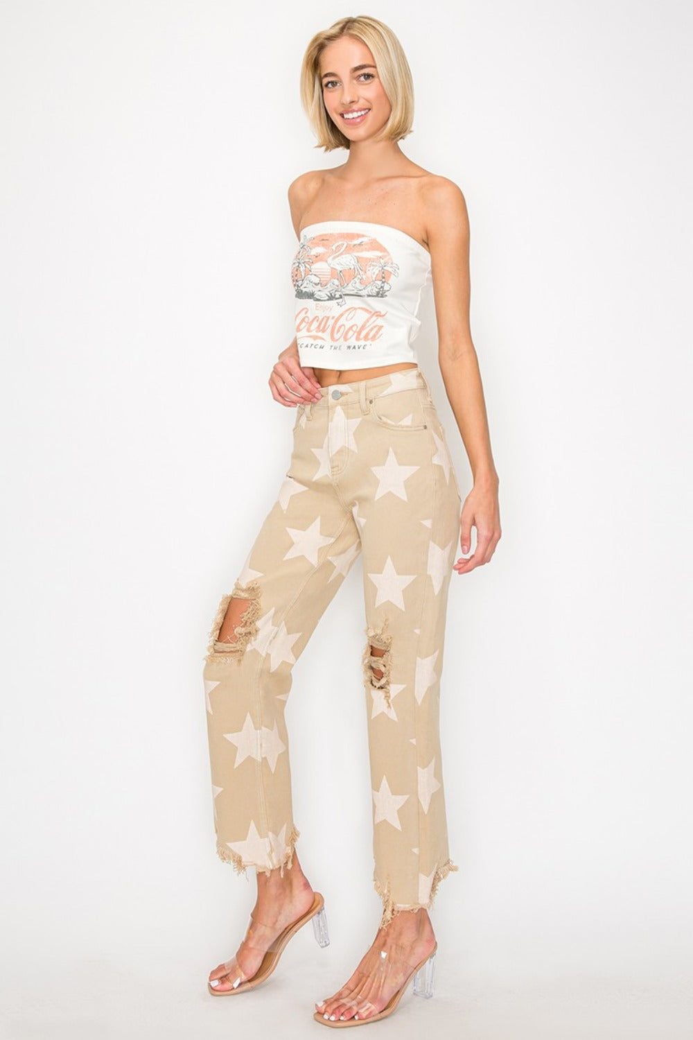 RISEN Full Size High Rise Star Printed Frayed Hem Jeans - Charming Charlie