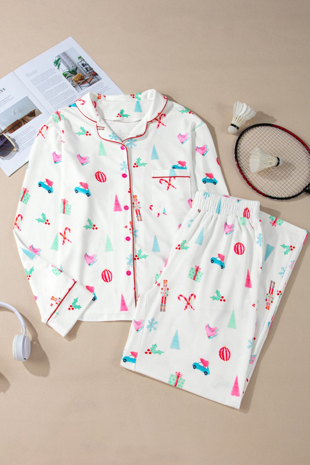 Christmas Printed Collared Neck Top and Pants Lounge Set - Charming Charlie