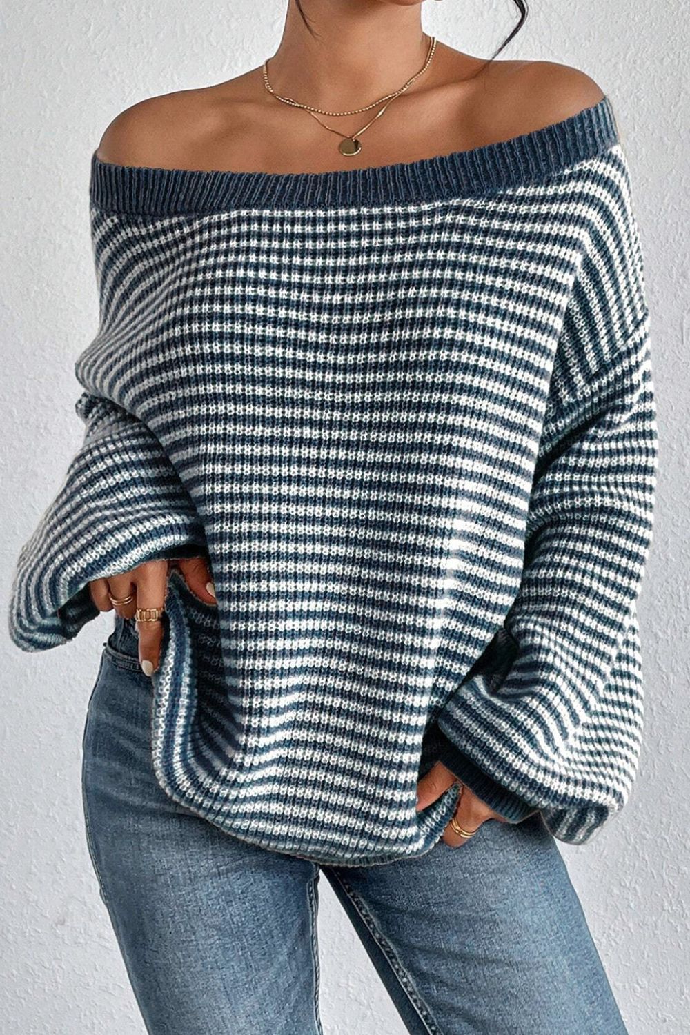 Striped Boat Neck Long Sleeve Sweater - Charming Charlie
