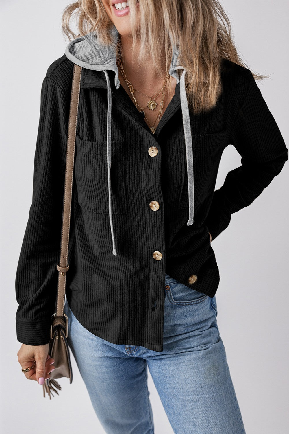 Drawstring Button Up Long Sleeve Hooded Jacket - Charming Charlie