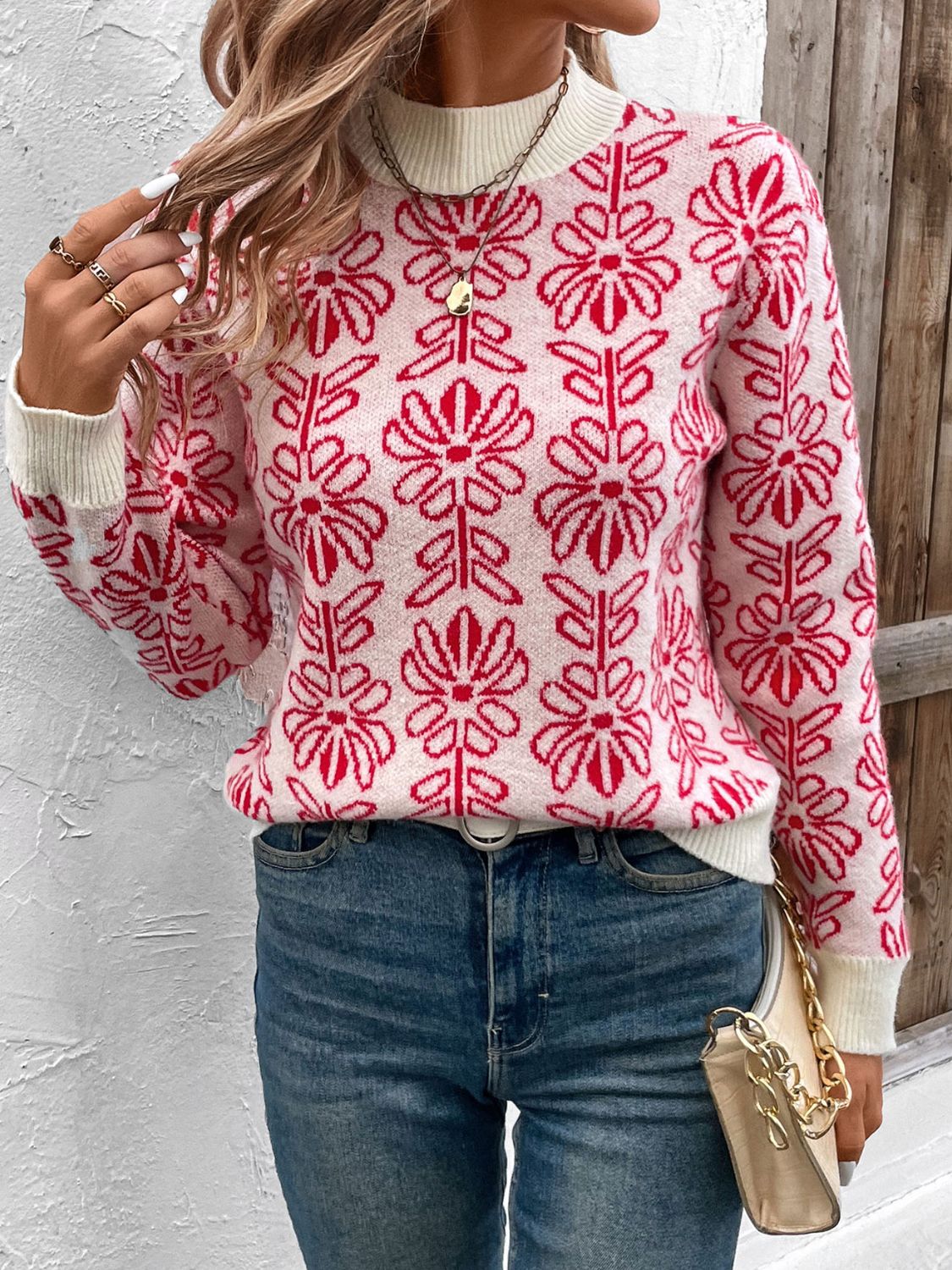 Flower Round Neck Long Sleeve Sweater - Charming Charlie