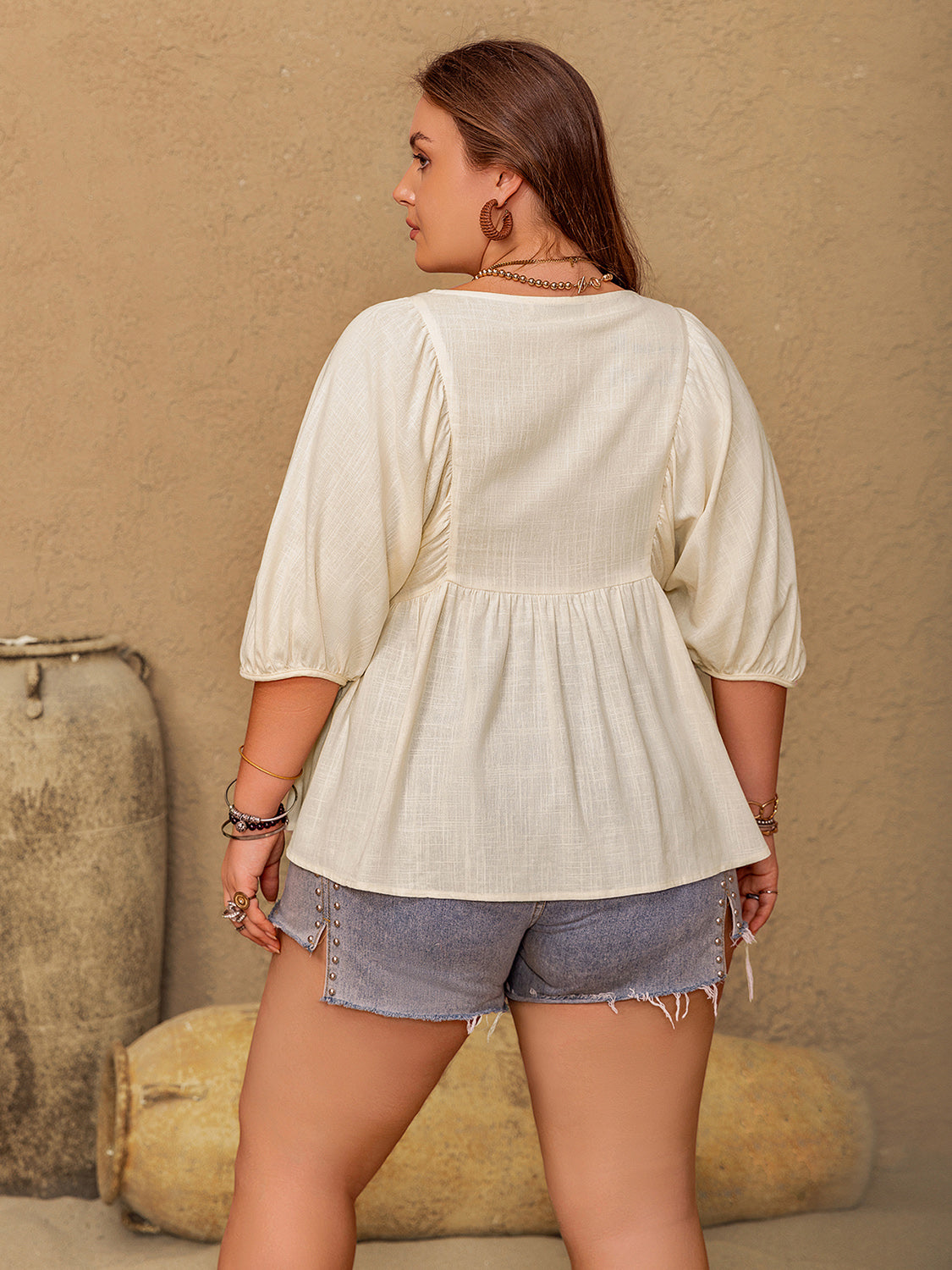Plus Size Peplum V-Neck Half Sleeve Blouse - Charming Charlie