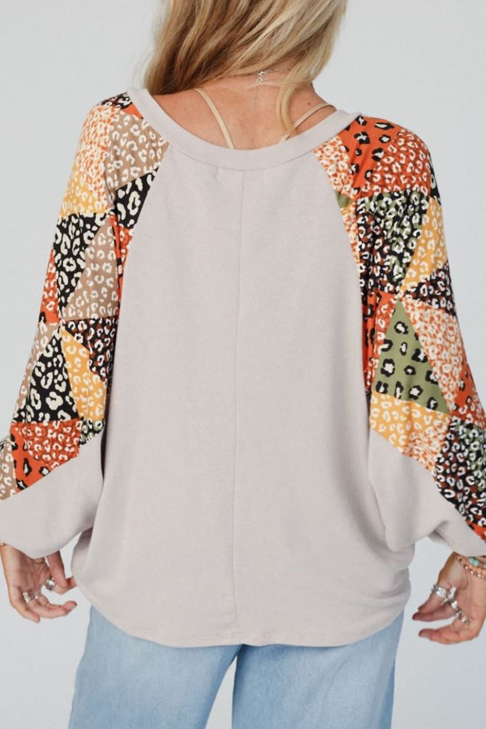 Leopard Contrast V-Neck Long Sleeve Blouse - Charming Charlie