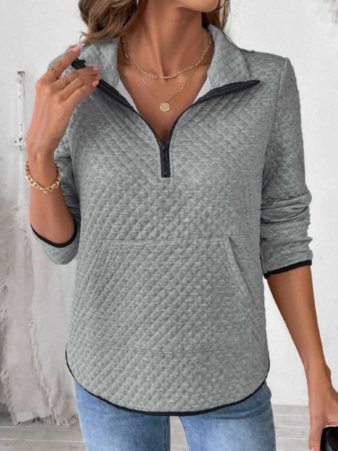 Perfee Texture Half Zip Long Sleeve Sweatshirt - Charming Charlie