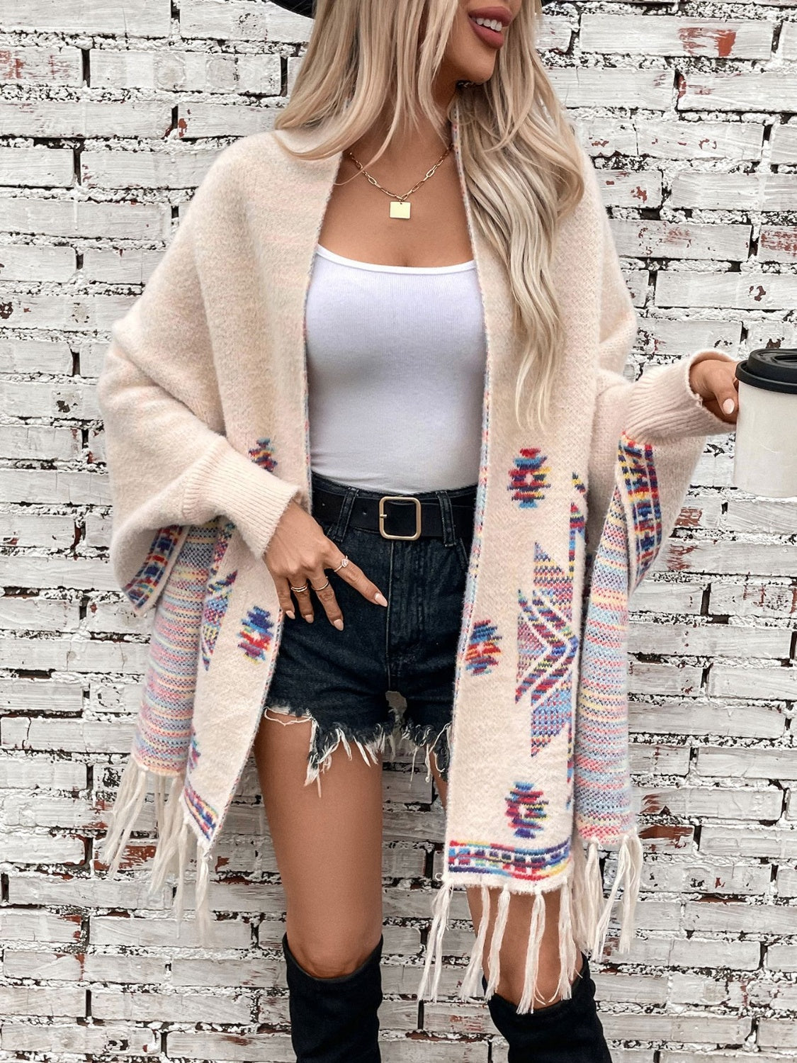 Fringe Geometric Open Front Long Sleeve Cape - Charming Charlie