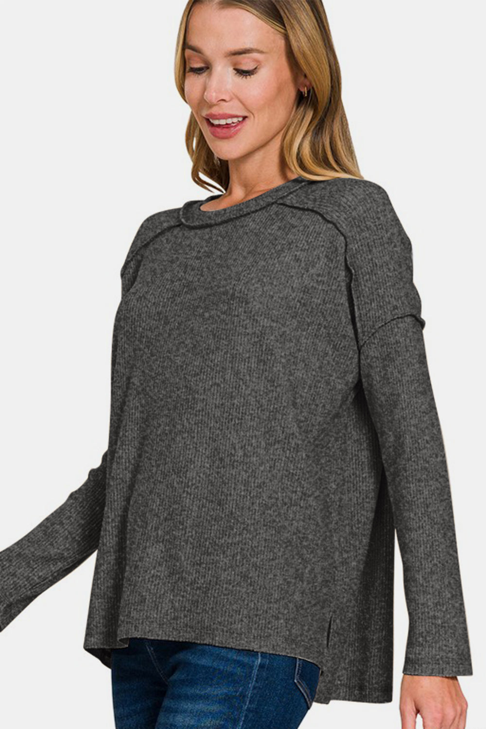 Zenana Full Size Exposed Seam Brushed Round Neck Sweater - Charming Charlie