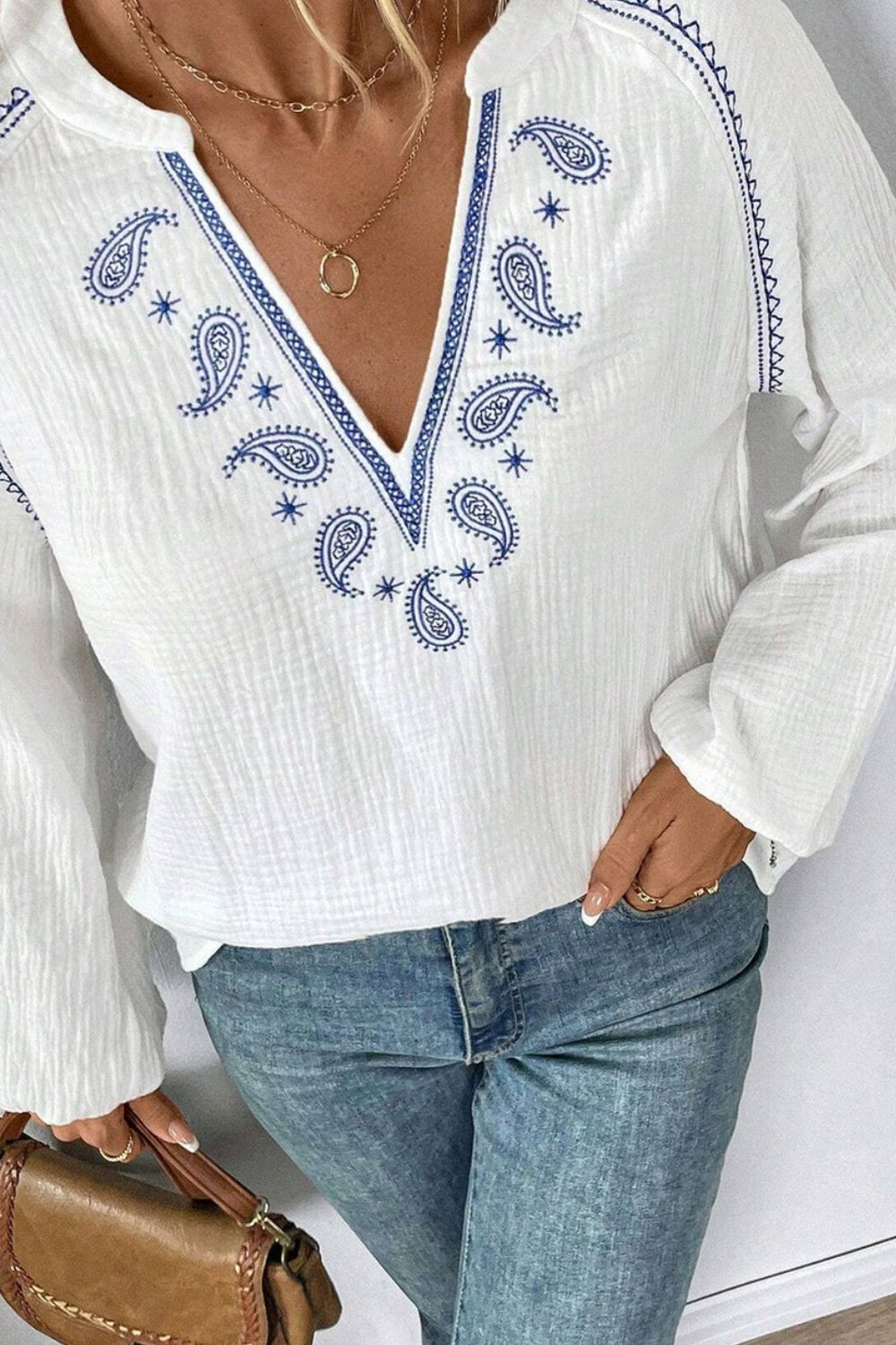 Embroidered Notched Long Sleeve Blouse - Charming Charlie