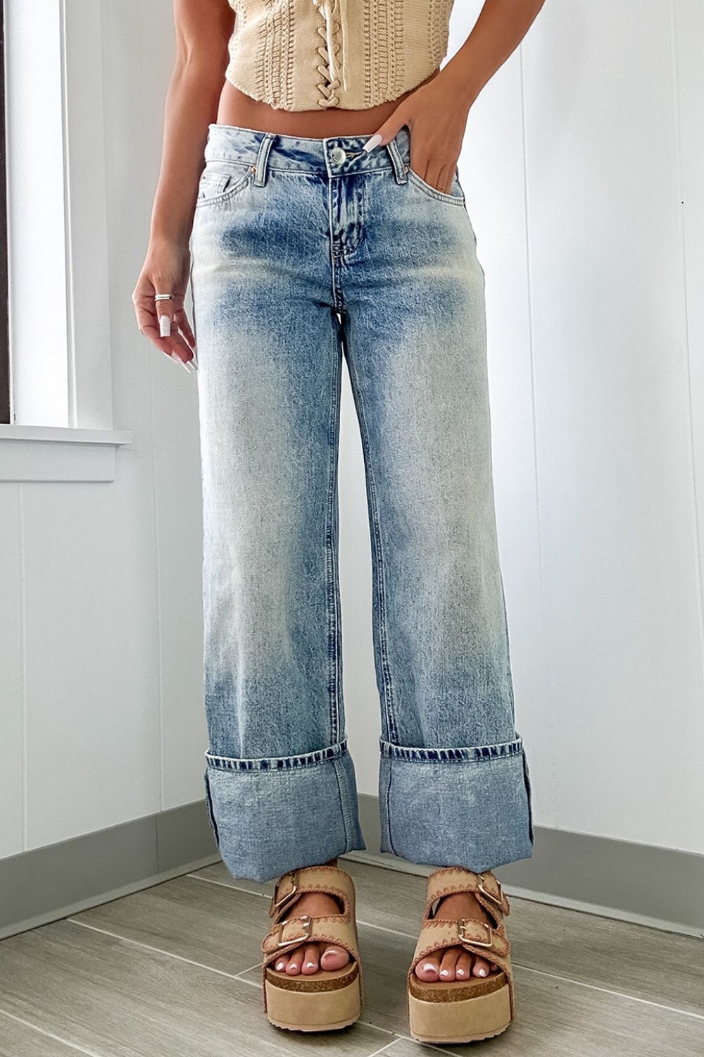Washed Wide Leg Jeans with Pockets - Charming Charlie