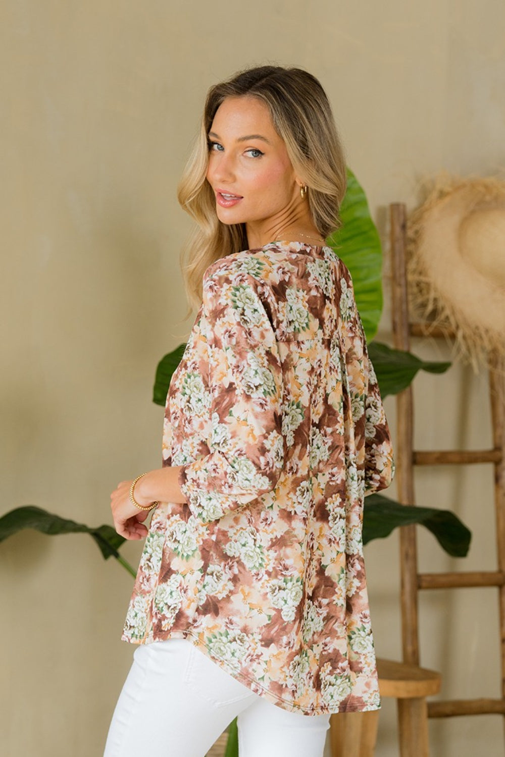Sew In Love Full Size Wrinkle-Free Floral Notched Top - Charming Charlie
