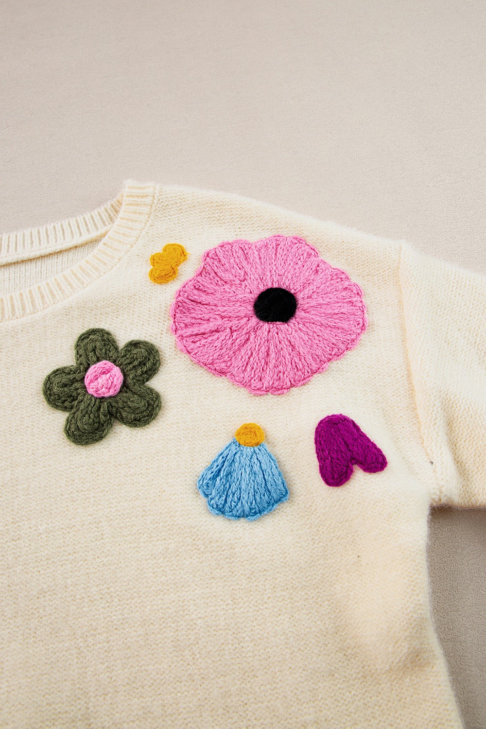 Crochet Flower Round Neck Dropped Shoulder Sweater - Charming Charlie