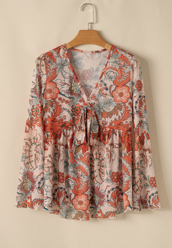 Floral V-Neck Flare Sleeve Blouse - Charming Charlie