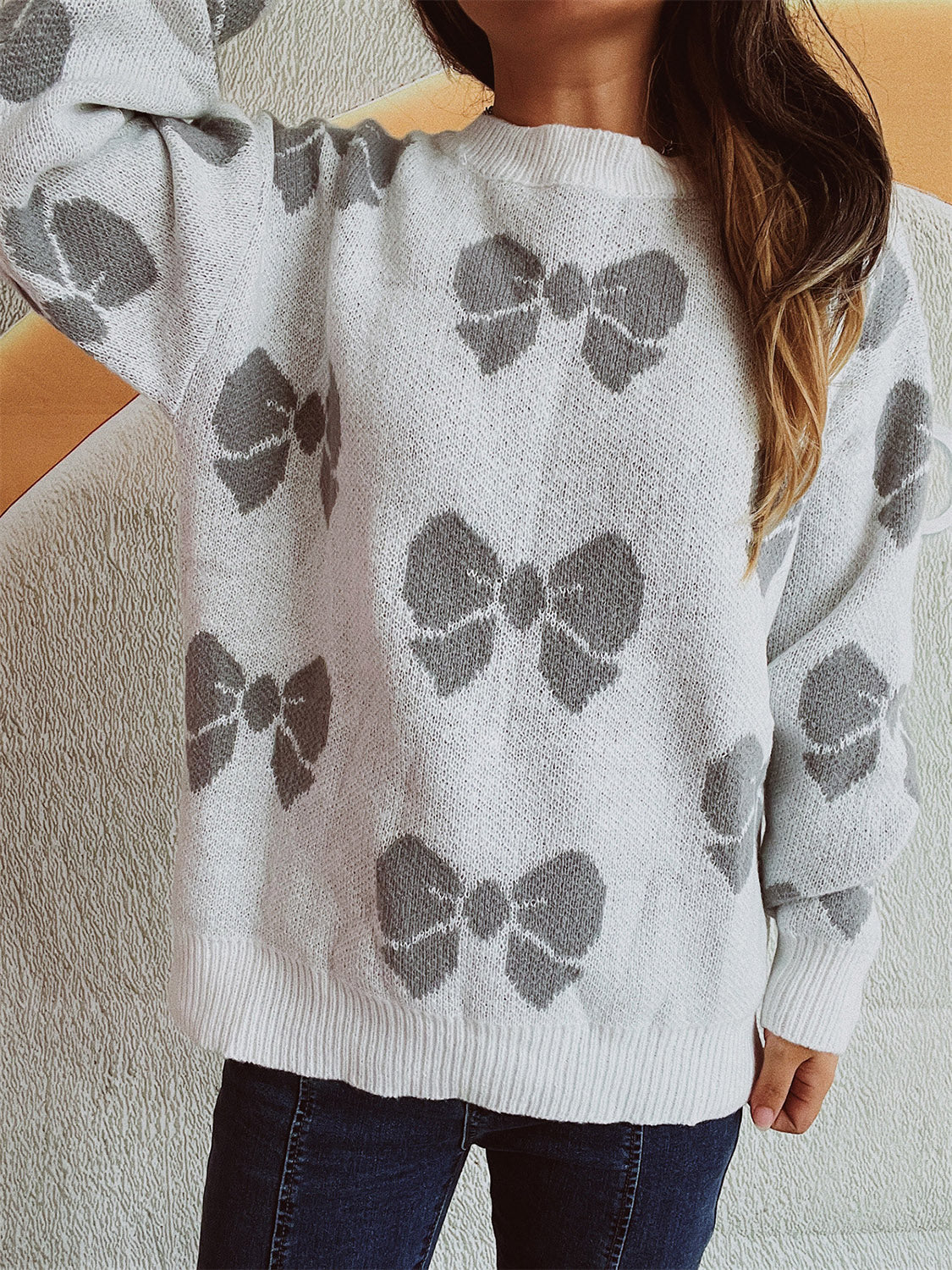 Bow Round Neck Dropped Shoulder Sweater - Charming Charlie
