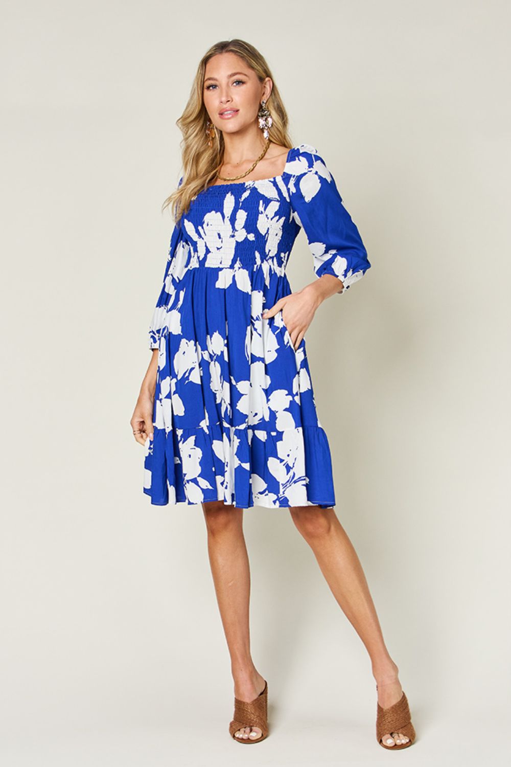 Double Take Full Size Floral Ruffle Hem Smocked Dress with Pockets - Charming Charlie