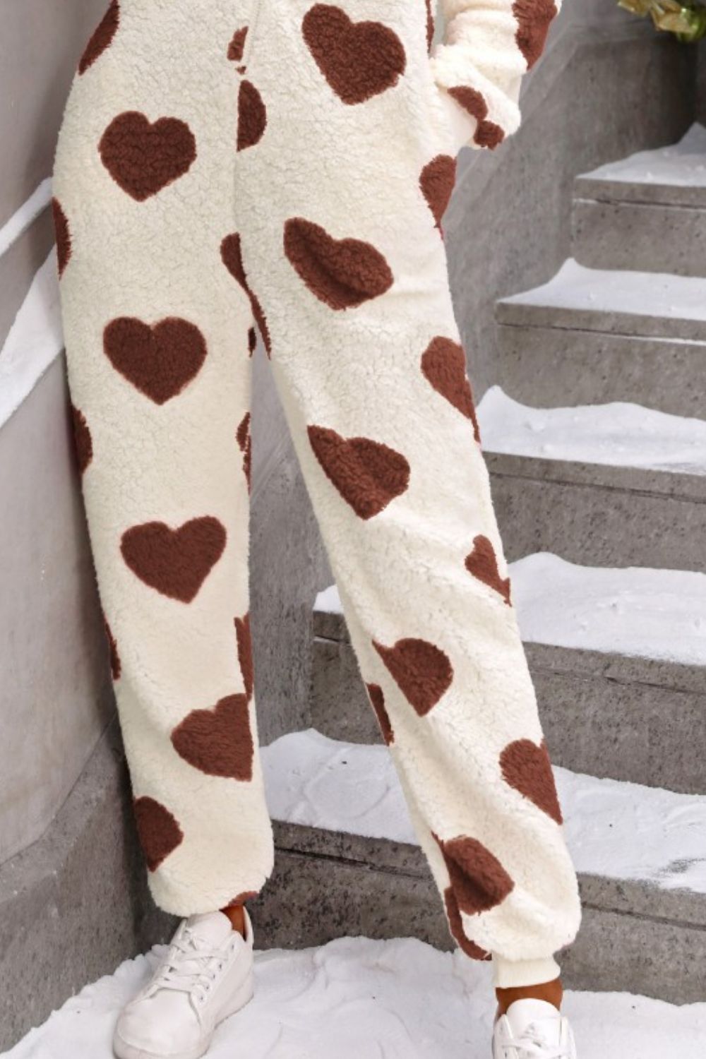 Fuzzy Heart Zip Up Hooded Lounge Jumpsuit - Charming Charlie