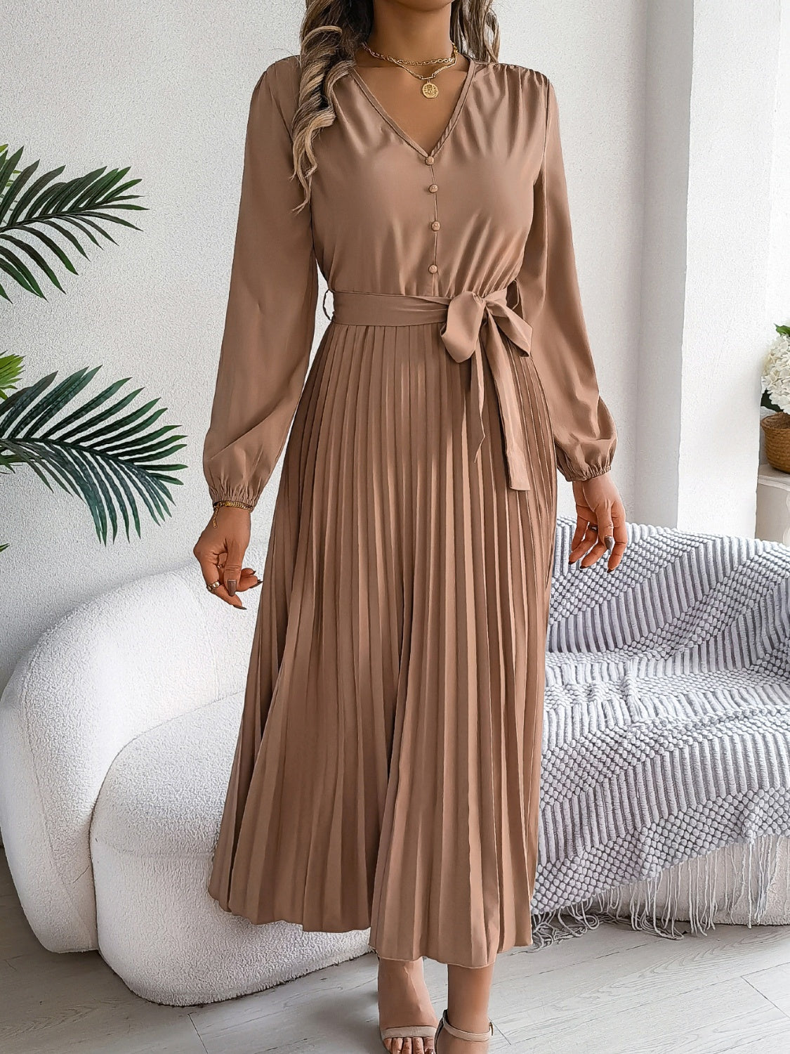 Pleated Tied V-Neck Long Sleeve Dress - Charming Charlie