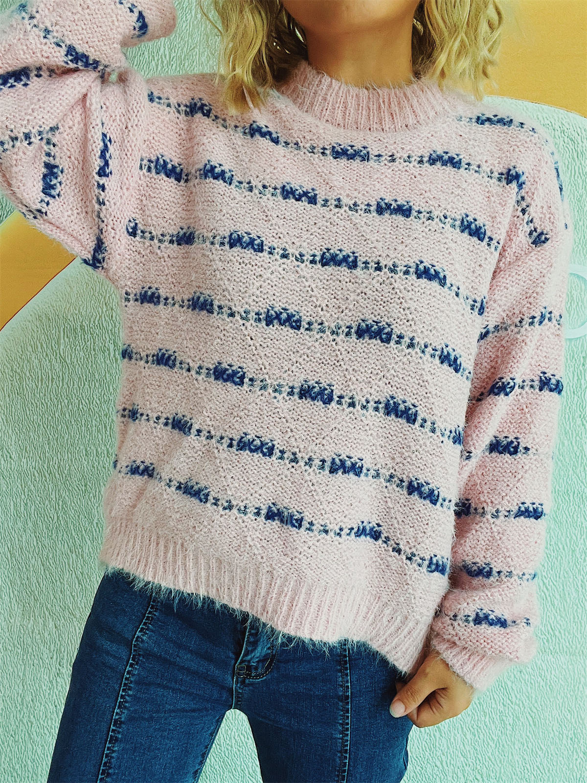 Striped Round Neck Long Sleeve Sweater - Charming Charlie