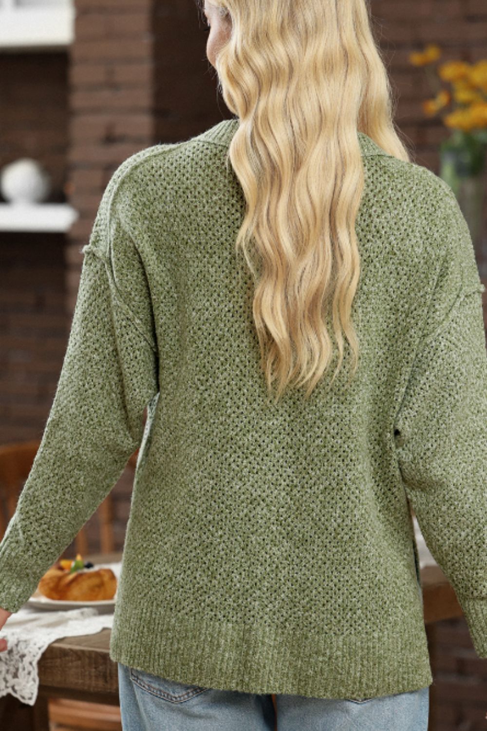 V-Neck Dropped Shoulder Long Sleeve Sweater - Charming Charlie