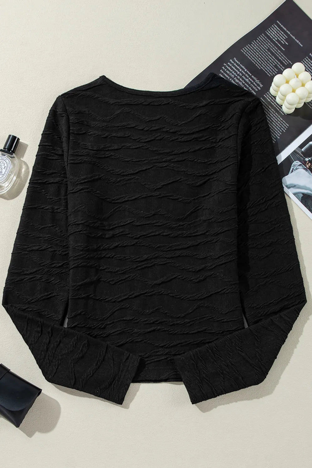 Textured Round Neck Long Sleeve Blouse - Charming Charlie