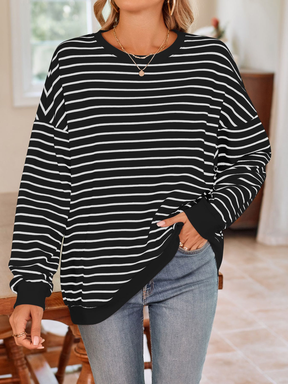 Striped Round Neck Long Sleeve Sweatshirt - Charming Charlie