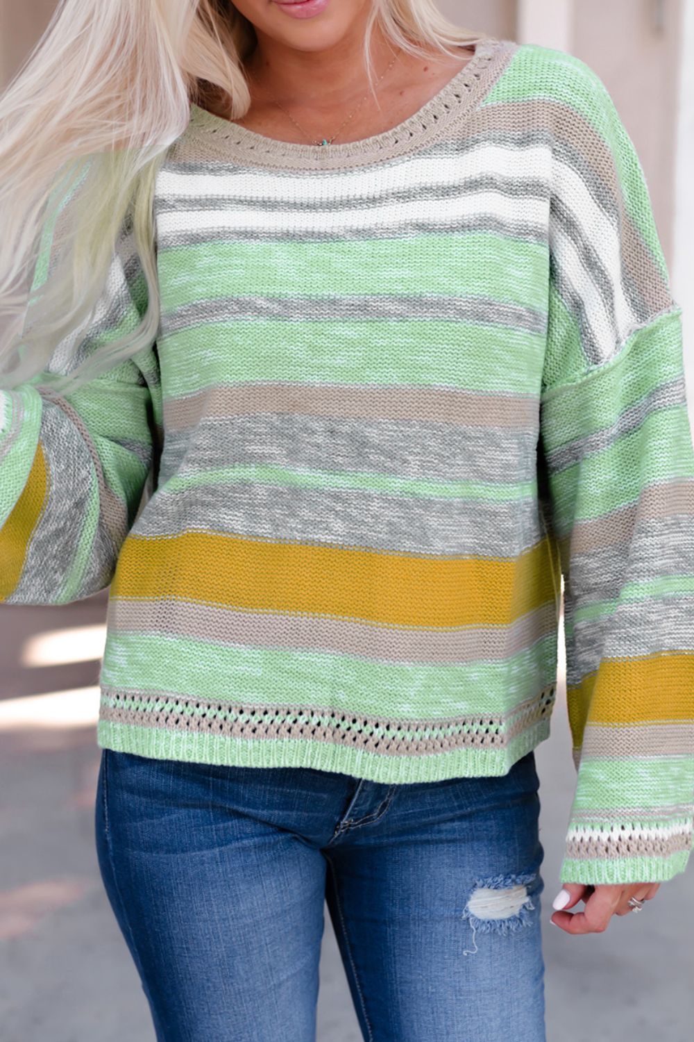 Contrast Striped Boat Neck Dropped Shoulder Sweater - Charming Charlie
