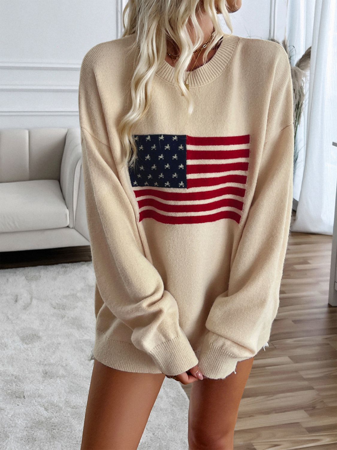 Devine US Flag Round Neck Long Sleeve Knit Top - Charming Charlie