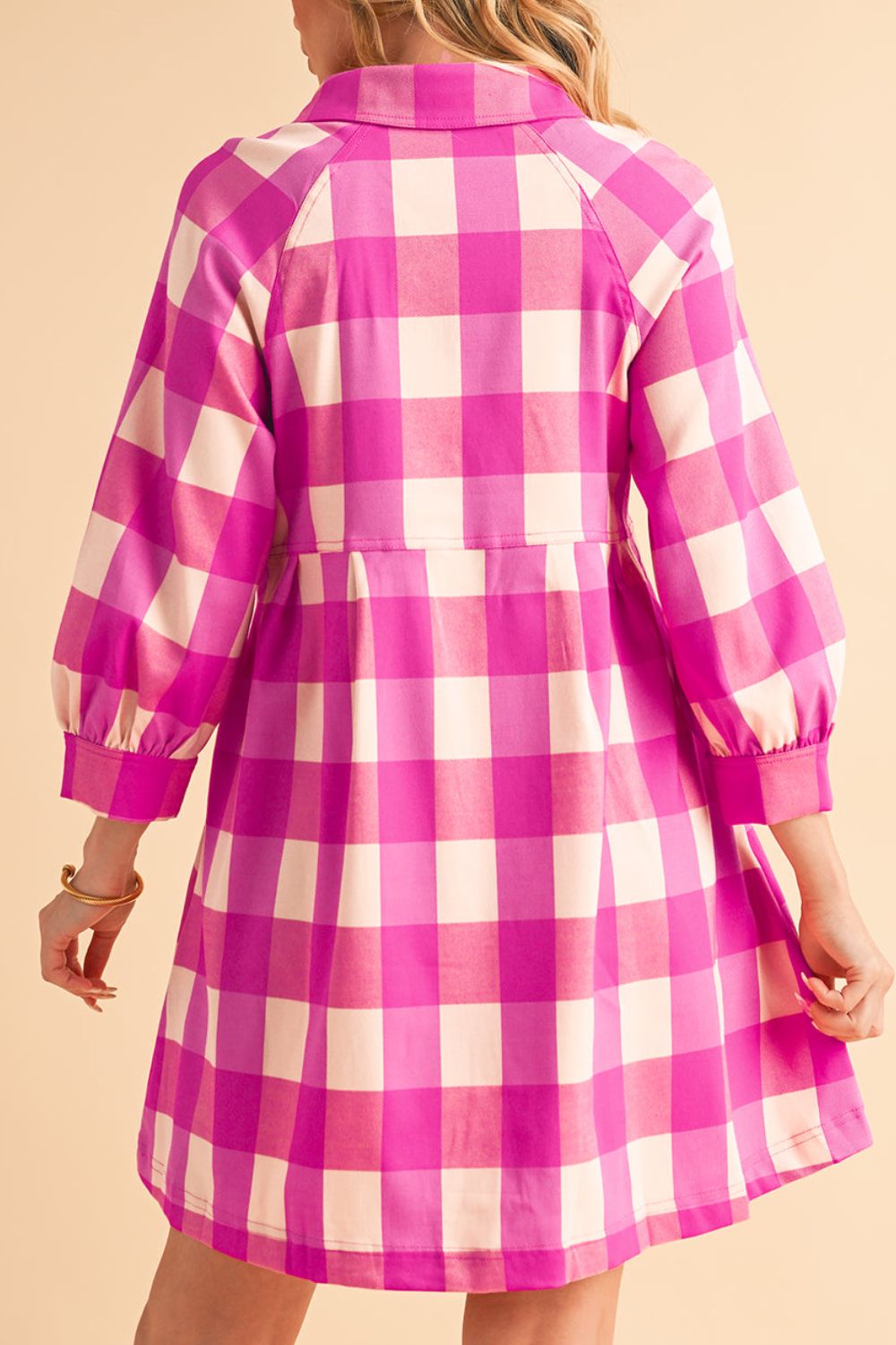 Ruched Plaid Three-Quarter Sleeve Shirt Dress - Charming Charlie