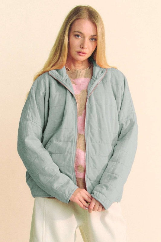 Davi & Dani Quilted Zip Up Dropped Shoulder Jacket - Charming Charlie