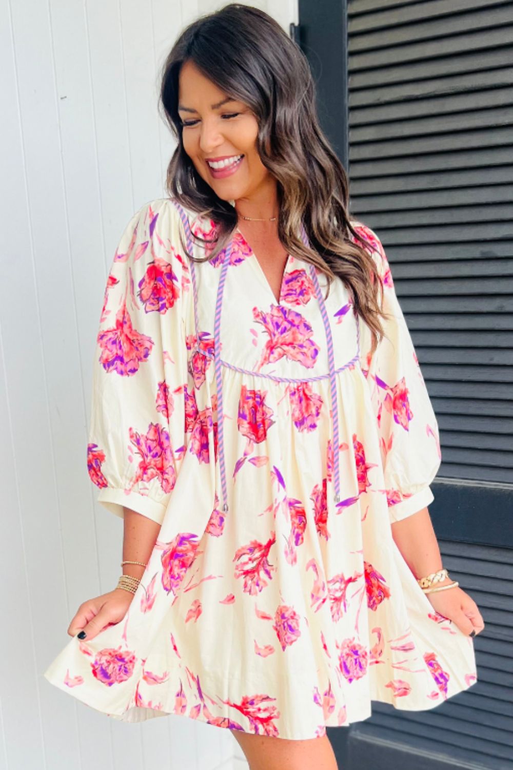 Tied Flower Printed Three-Quarter Sleeve Dress - Charming Charlie
