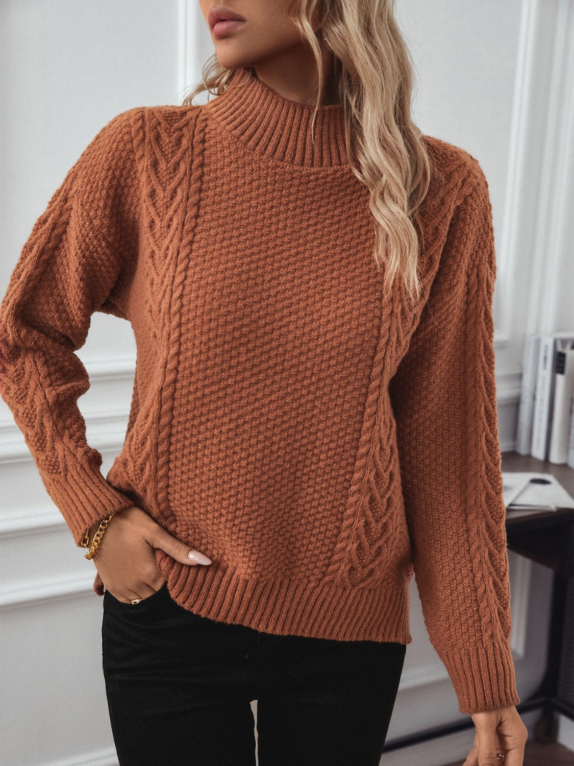 Cable-Knit Mock Neck Long Sleeve Sweater - Charming Charlie