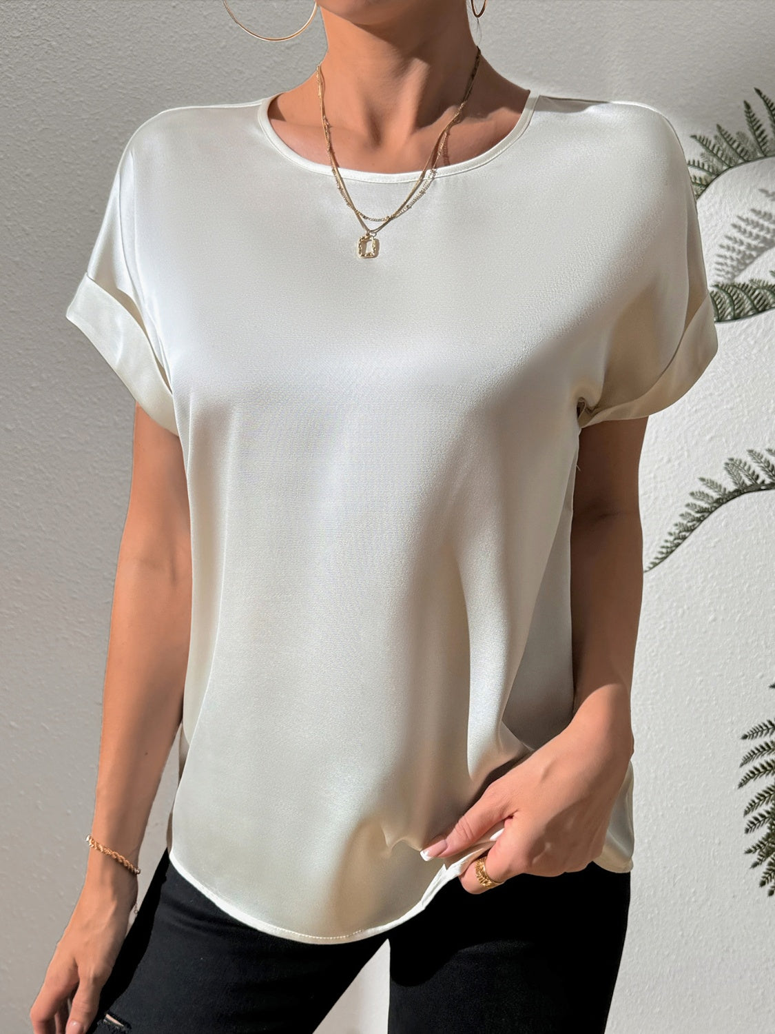 Round Neck Short Sleeve Blouse - Charming Charlie