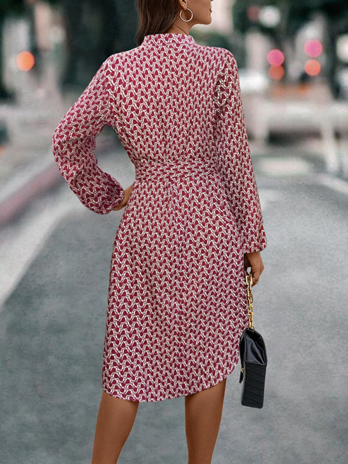 Tied Printed Notched Balloon Sleeve Dress - Charming Charlie