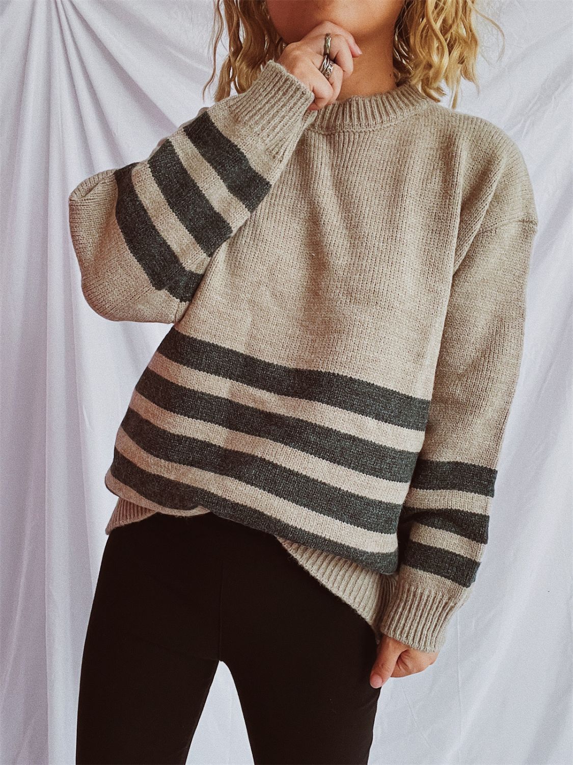 Striped Dropped Shoulder Long Sleeve Sweater - Charming Charlie