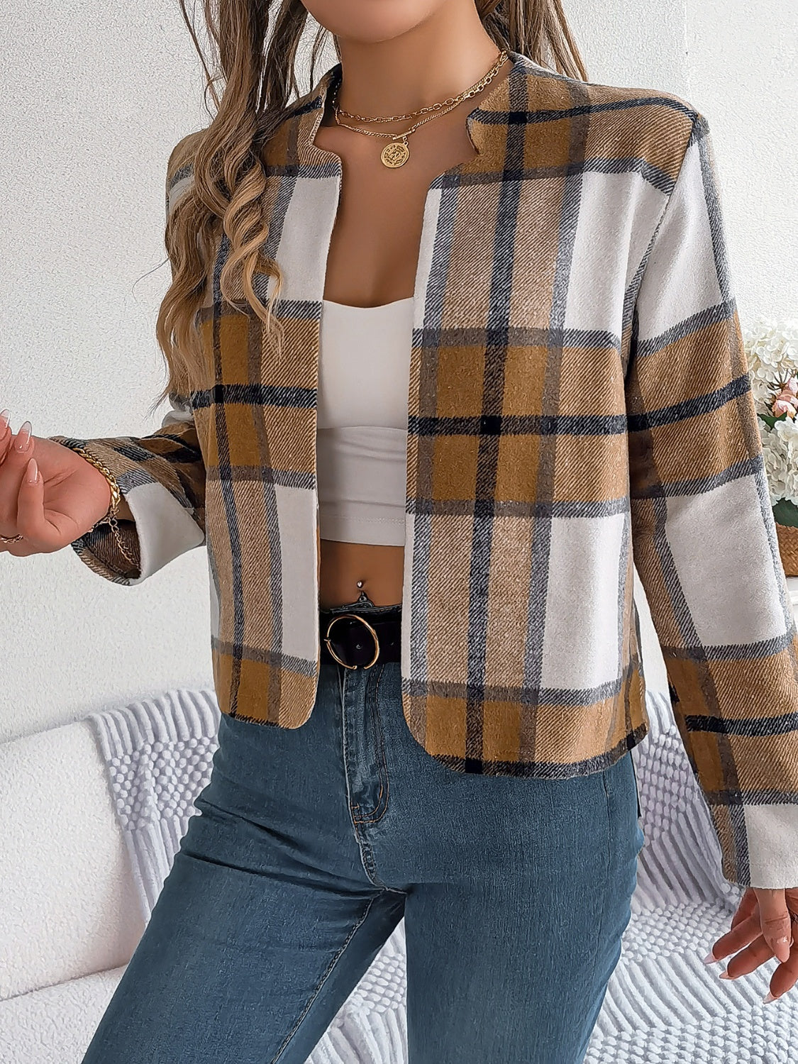 Plaid Open Front Long Sleeve Jacket - Charming Charlie