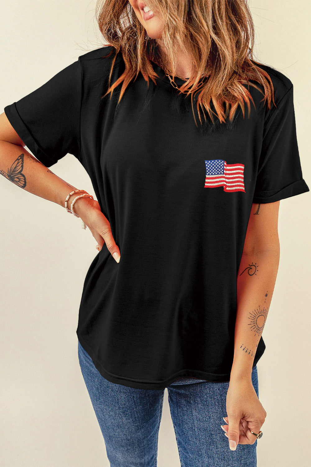 US Flag Round Neck Short Sleeve T-Shirt - Charming Charlie