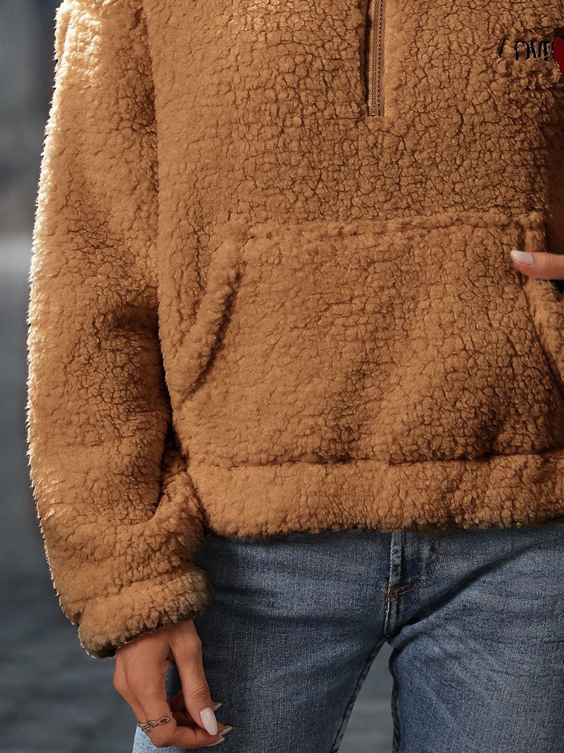 Heart Half Zip Long Sleeve Teddy Sweatshirt - Charming Charlie