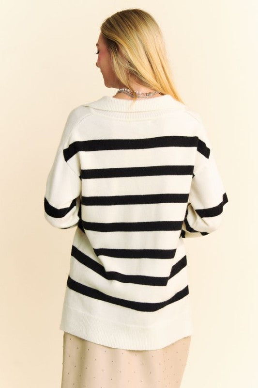Davi & Dani High-Low Side Slit Striped Johnny Collar Sweater - Charming Charlie