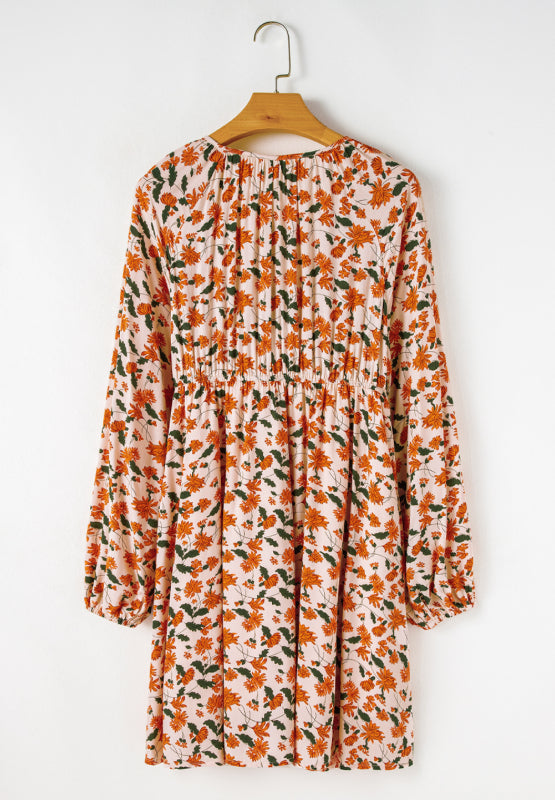 Smocked Printed V-Neck Long Sleeve Dress - Charming Charlie