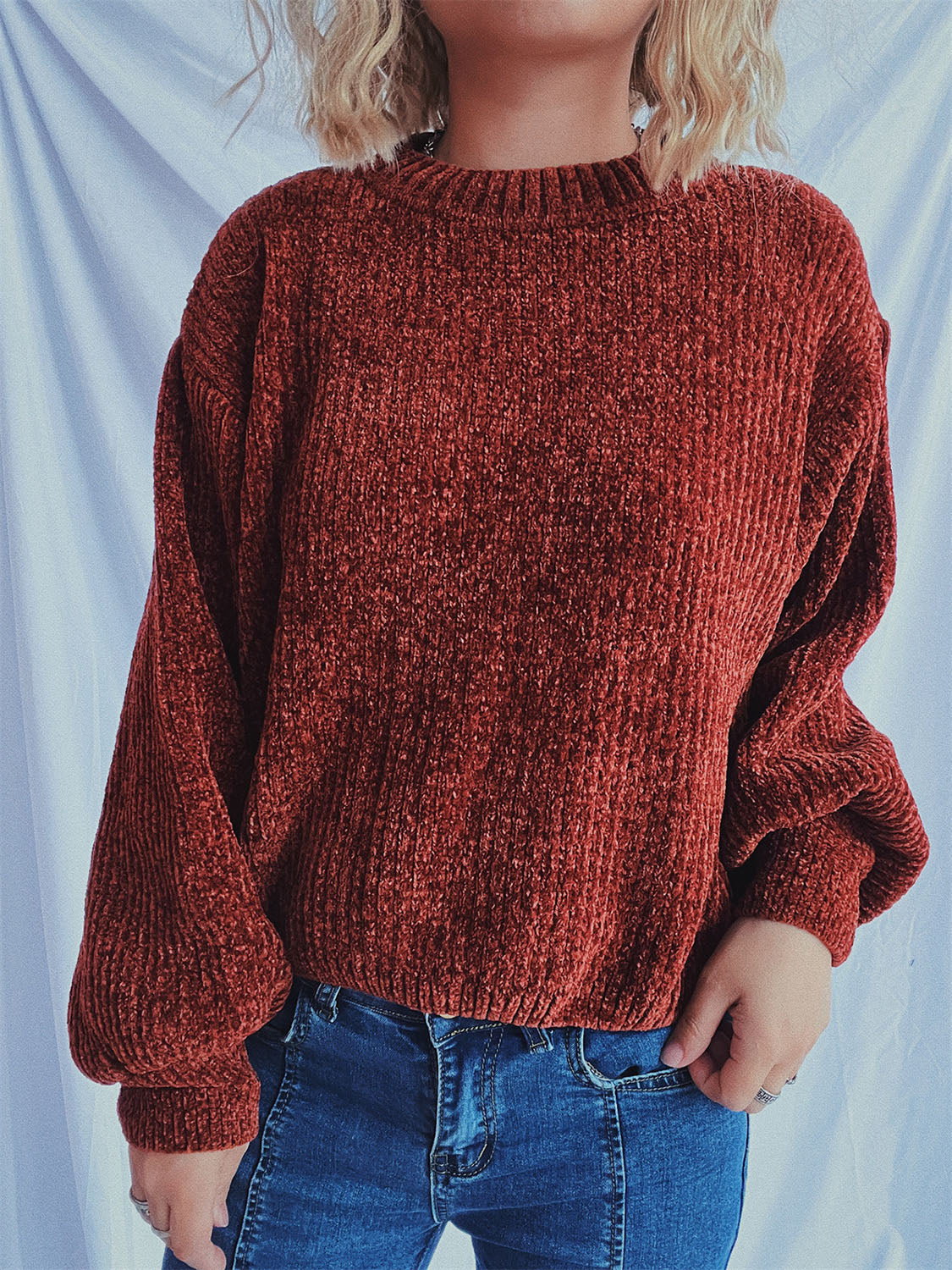 Round Neck Dropped Shoulder Long Sleeve Sweater - Charming Charlie