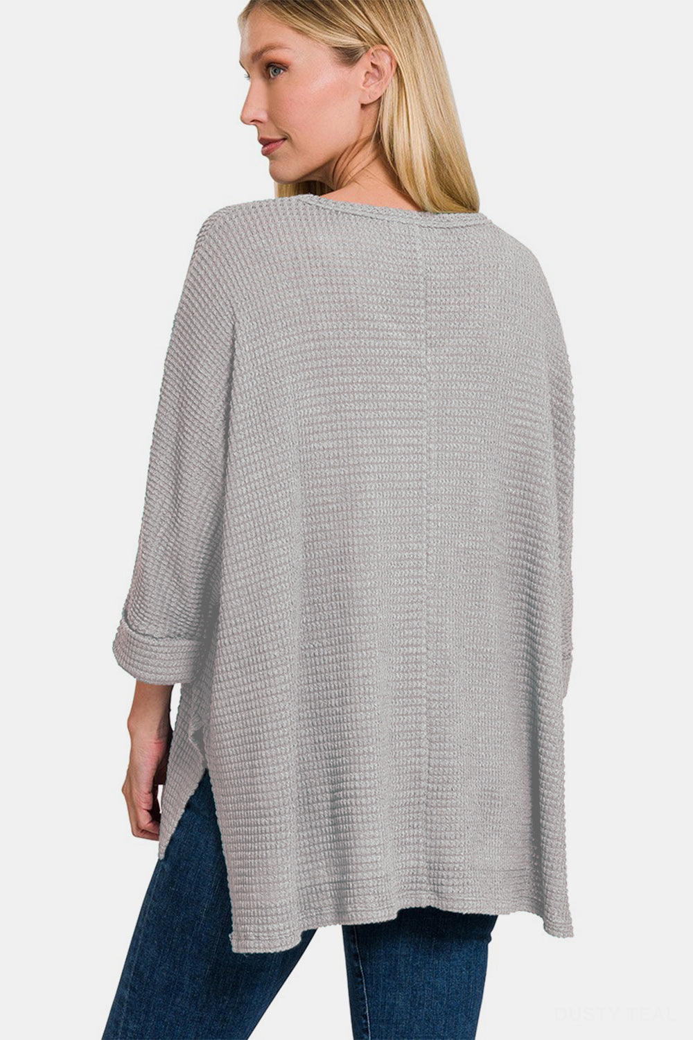 Zenana Waffle Knit V-Neck Long Sleeve Slit Top - Charming Charlie