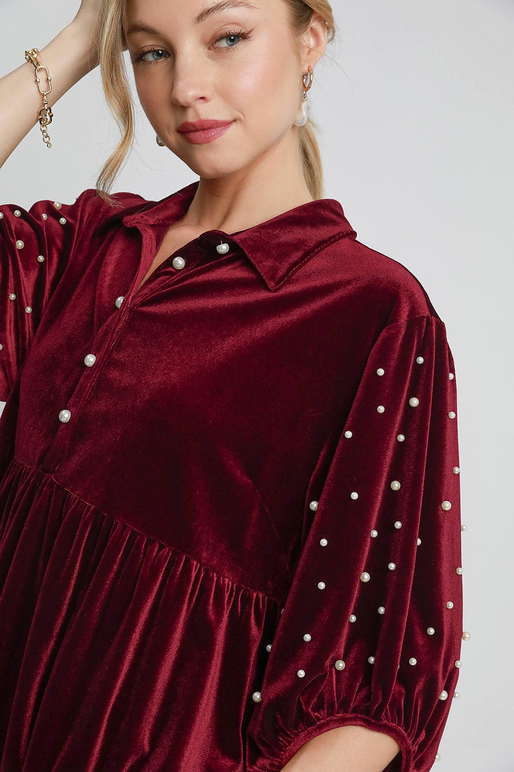 Umgee Pearl Detail Collared Neck Velvet Babydoll Blouse - Charming Charlie