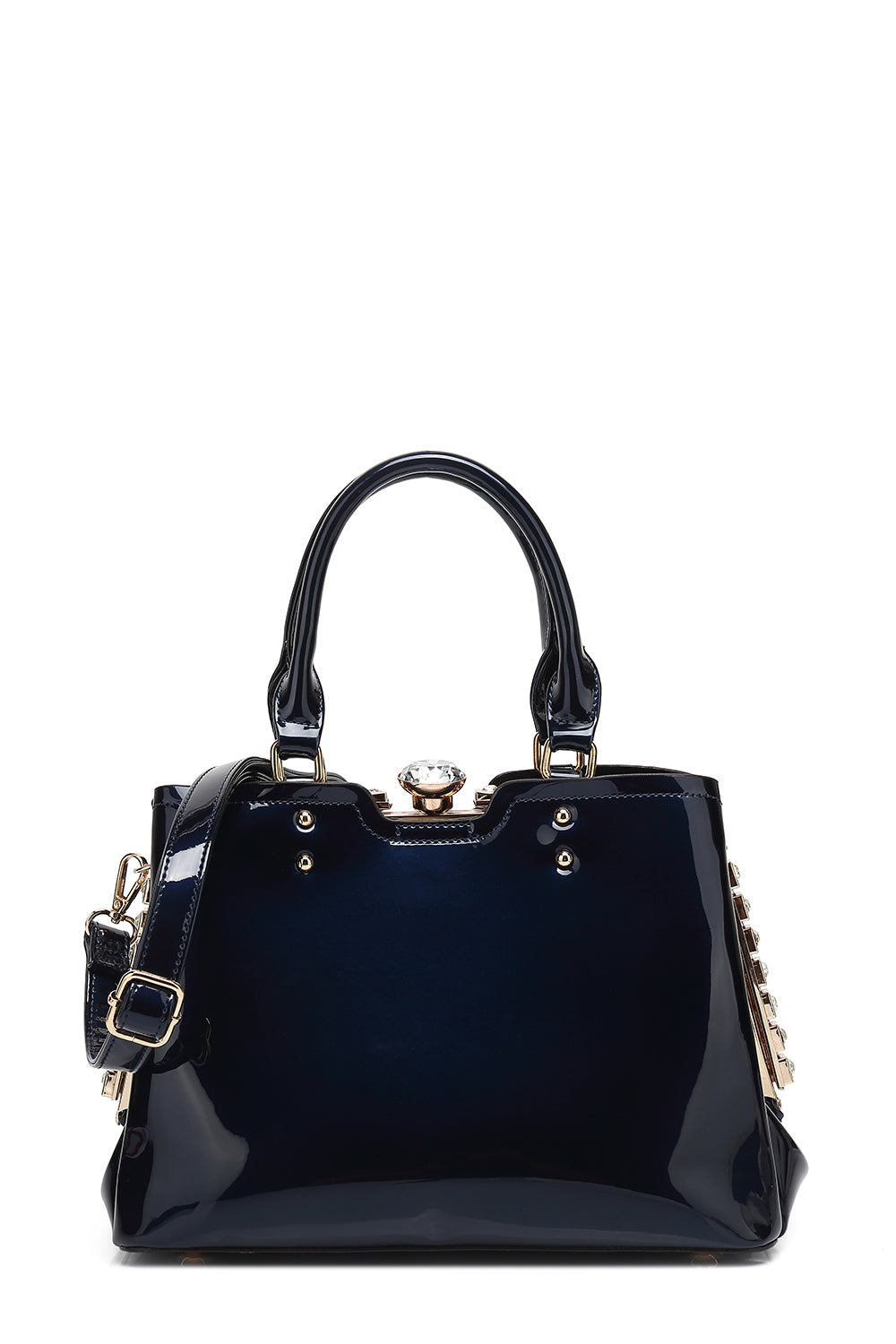 Double Handle Frame Satchel with Rhinestones Patent Leather - Charming Charlie