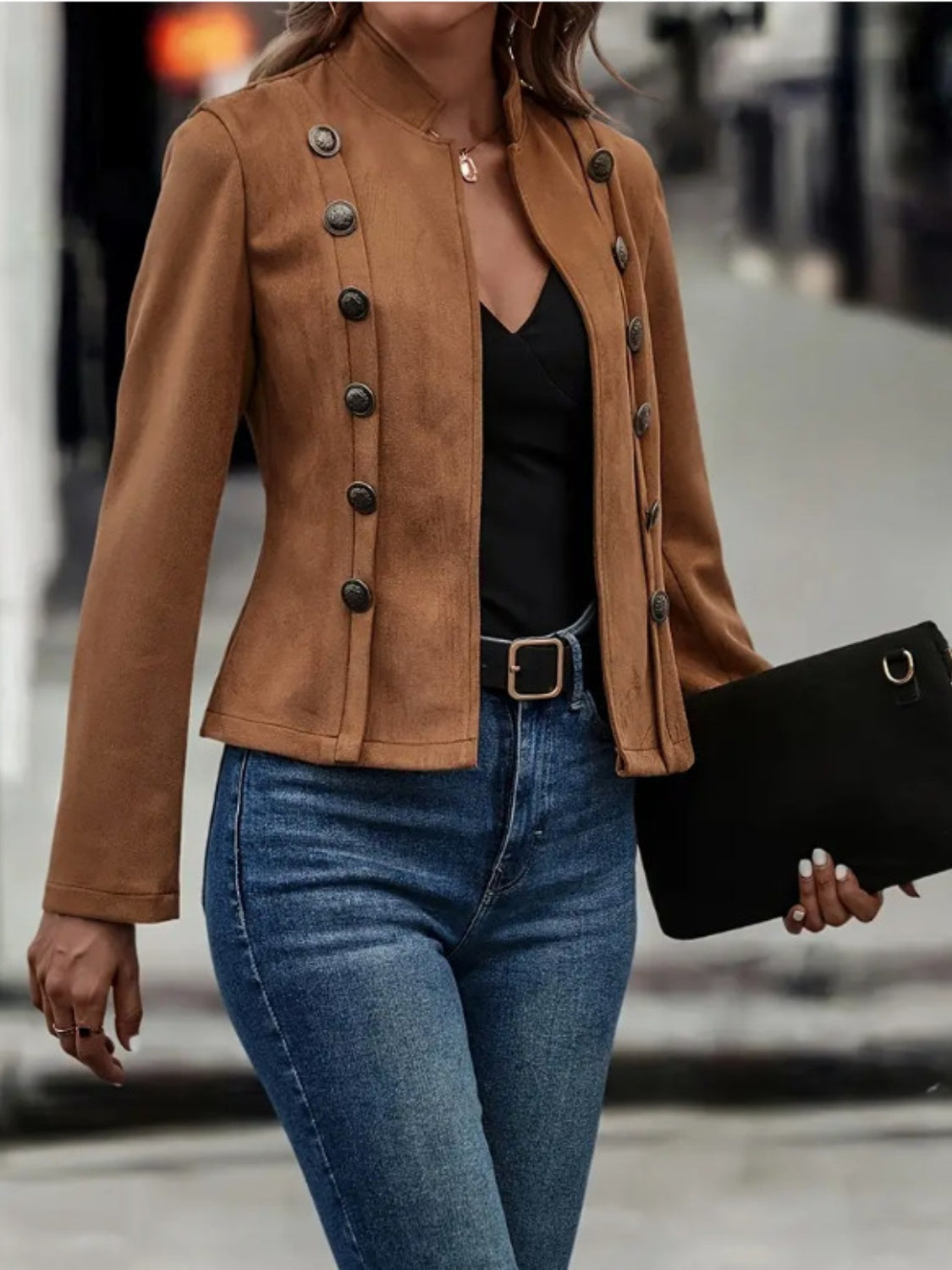Decorative Button Open Front Long Sleeve Jacket - Charming Charlie