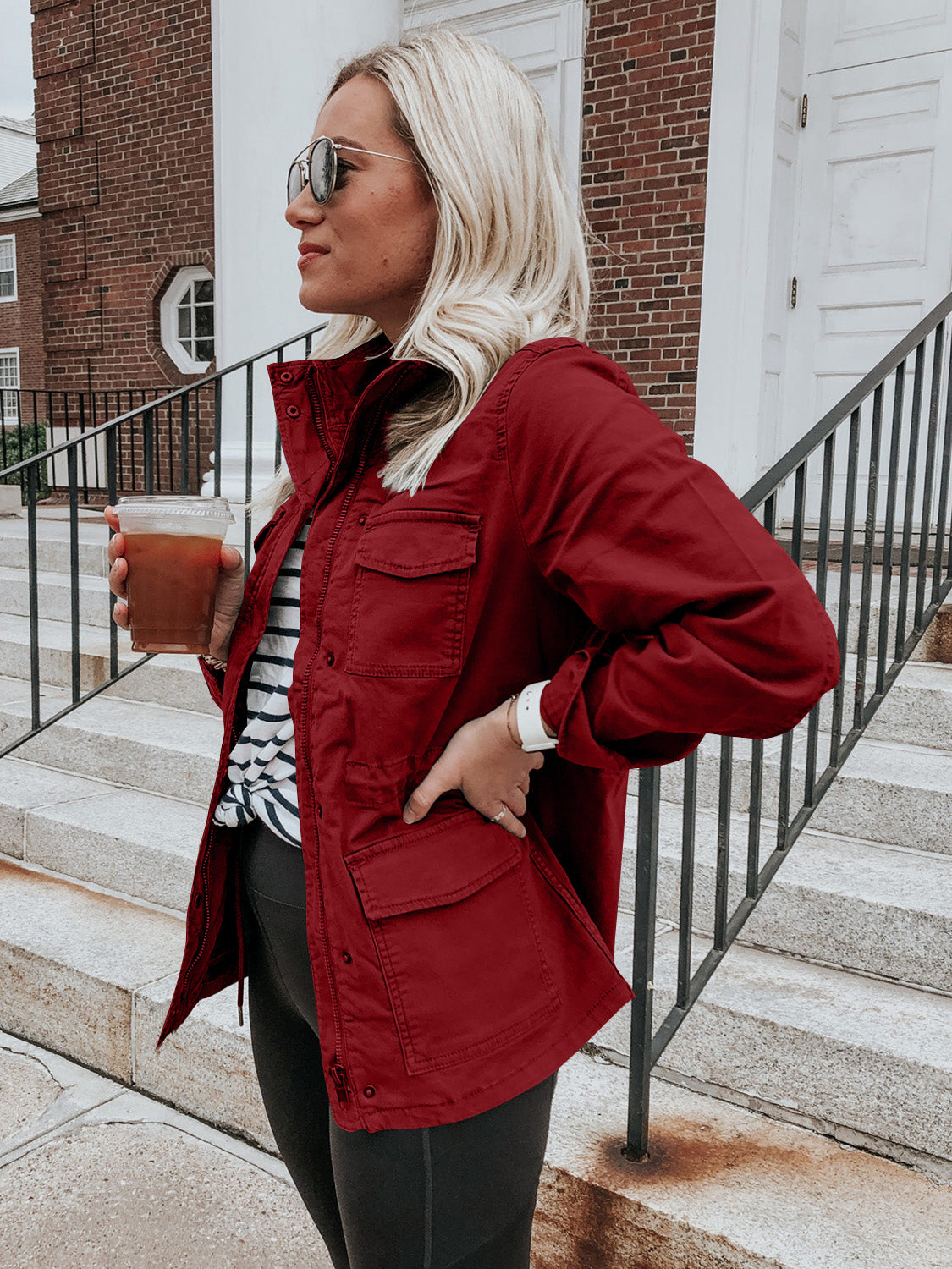 Pocketed Long Sleeve Zip Up Jacket - Charming Charlie