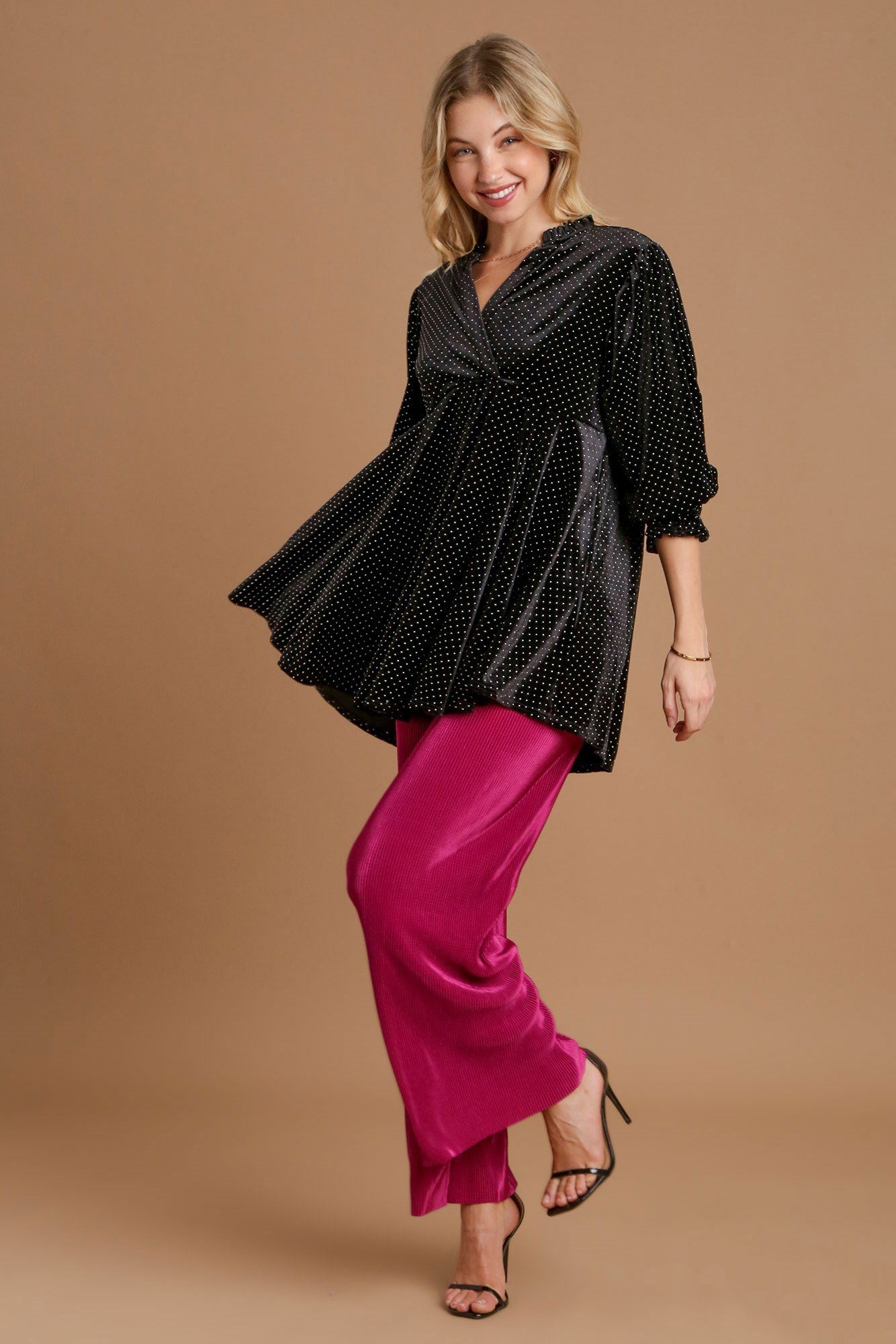 Umgee Full Size Beaded Frill Flounce Sleeve Velvet Babydoll Blouse - Charming Charlie