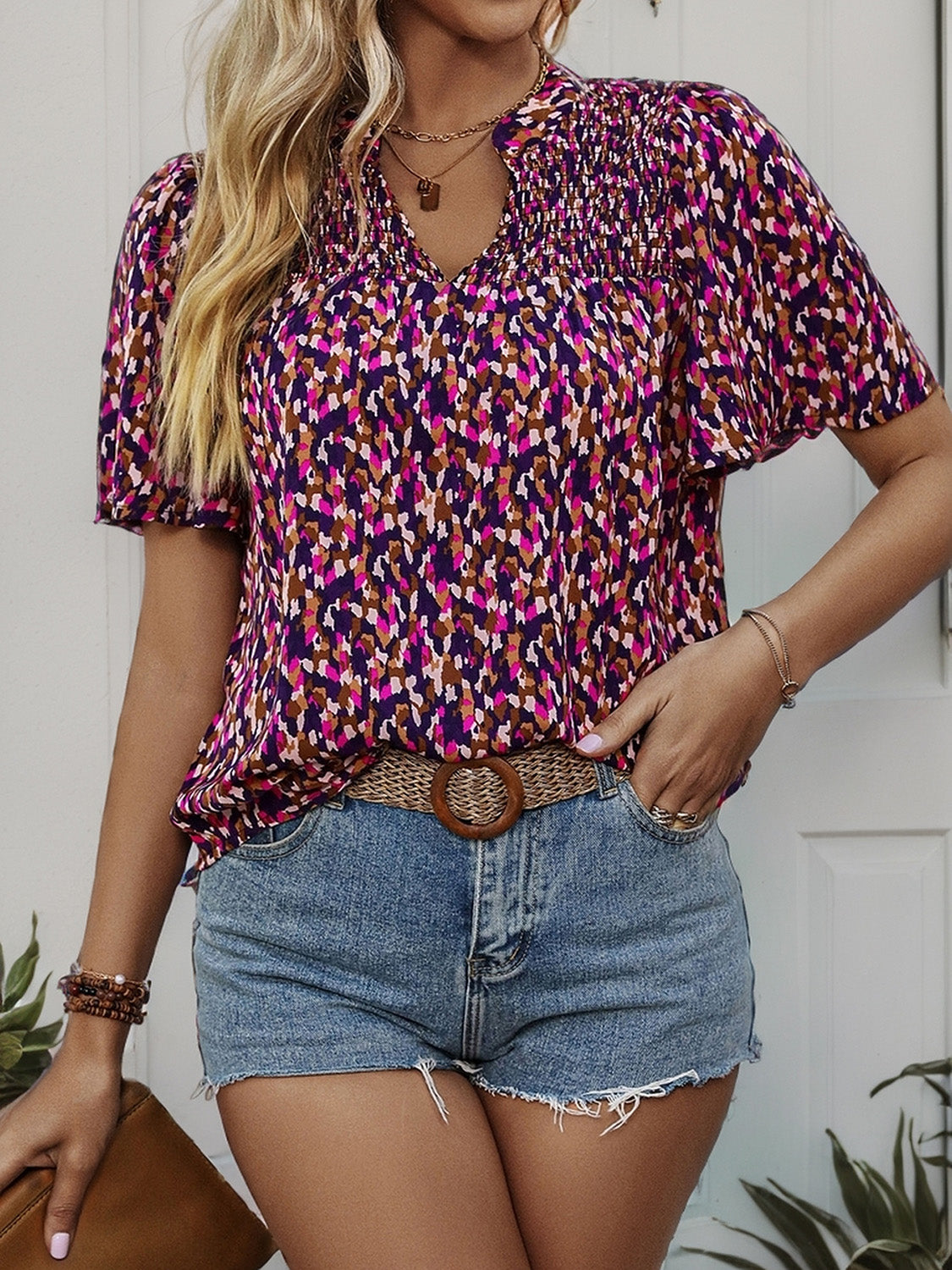 Printed Notched Flutter Sleeve Blouse - Charming Charlie