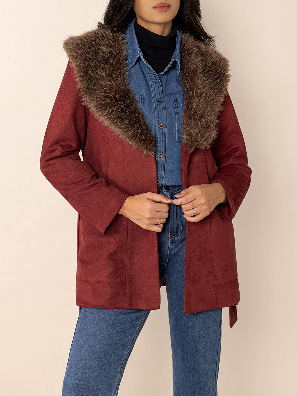 Fuzzy Collared Neck Tie Waist Jacket - Charming Charlie
