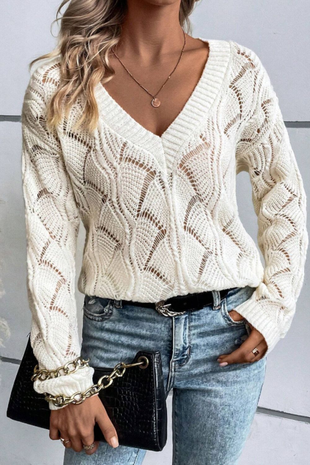 Openwork V-Neck Long Sleeve Sweater - Charming Charlie