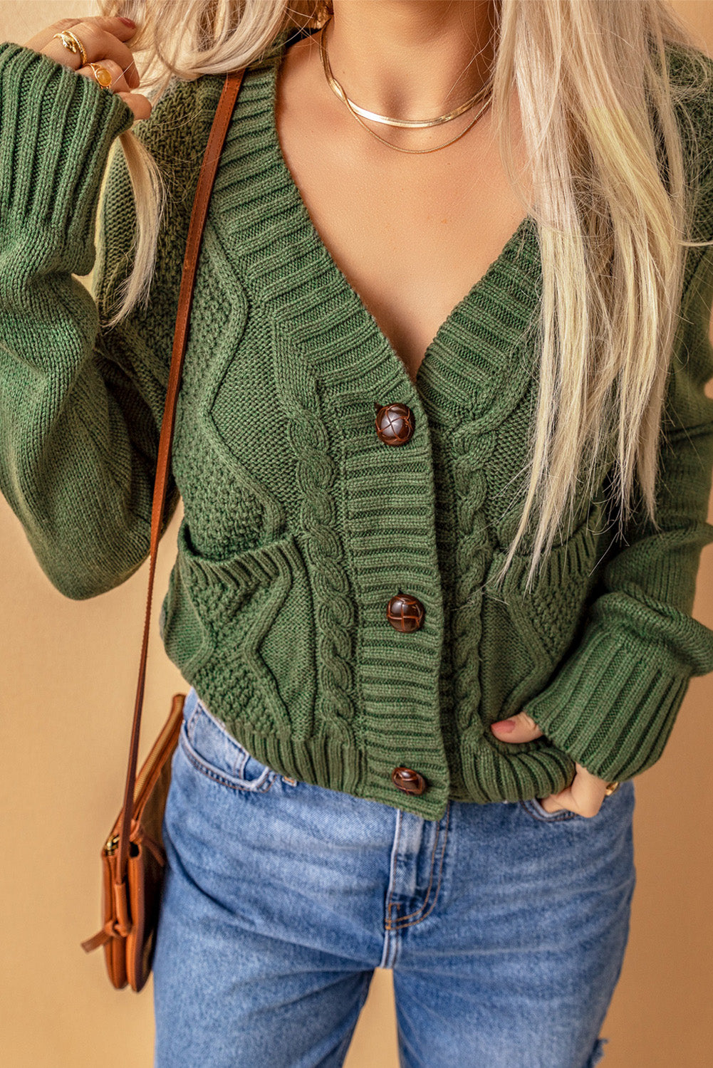 Cable-Knit Button Down V-Neck Cardigan - Charming Charlie