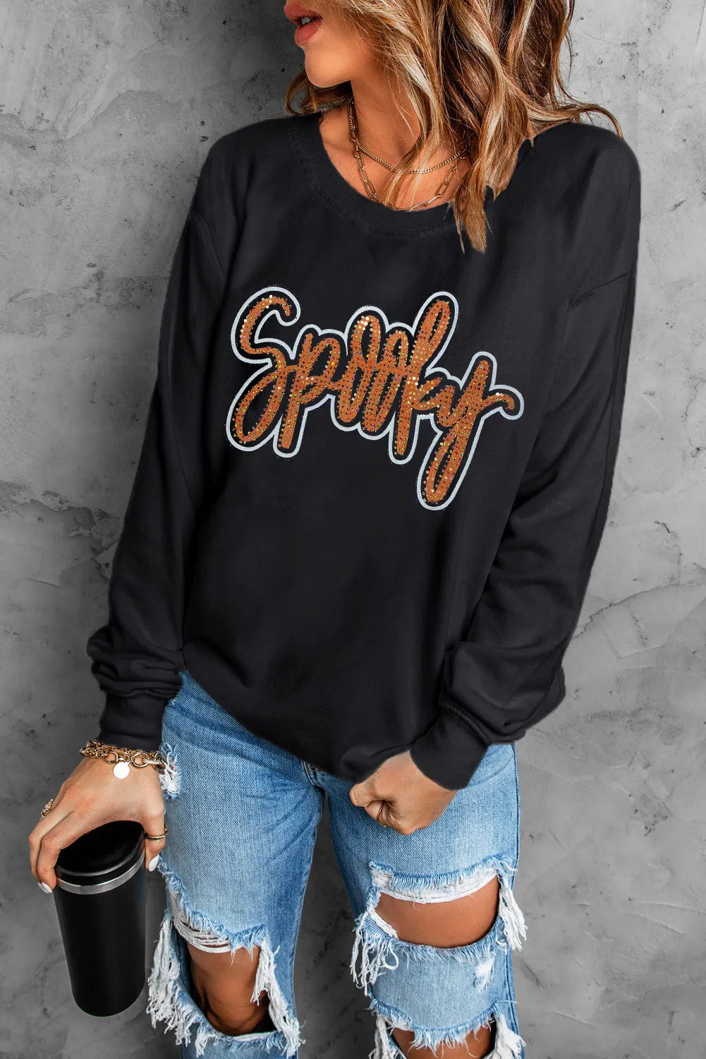 SPOOKY Rhinestone Round Neck Long Sleeve Sweatshirt - Charming Charlie